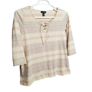 LRL Lauren Jeans Co Womens 1X Shirt Desert Stripe Lace Up Neck Casual Boho Top